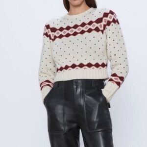 [S]Zara Geometric Holiday Wool Blend Cropped Sweater